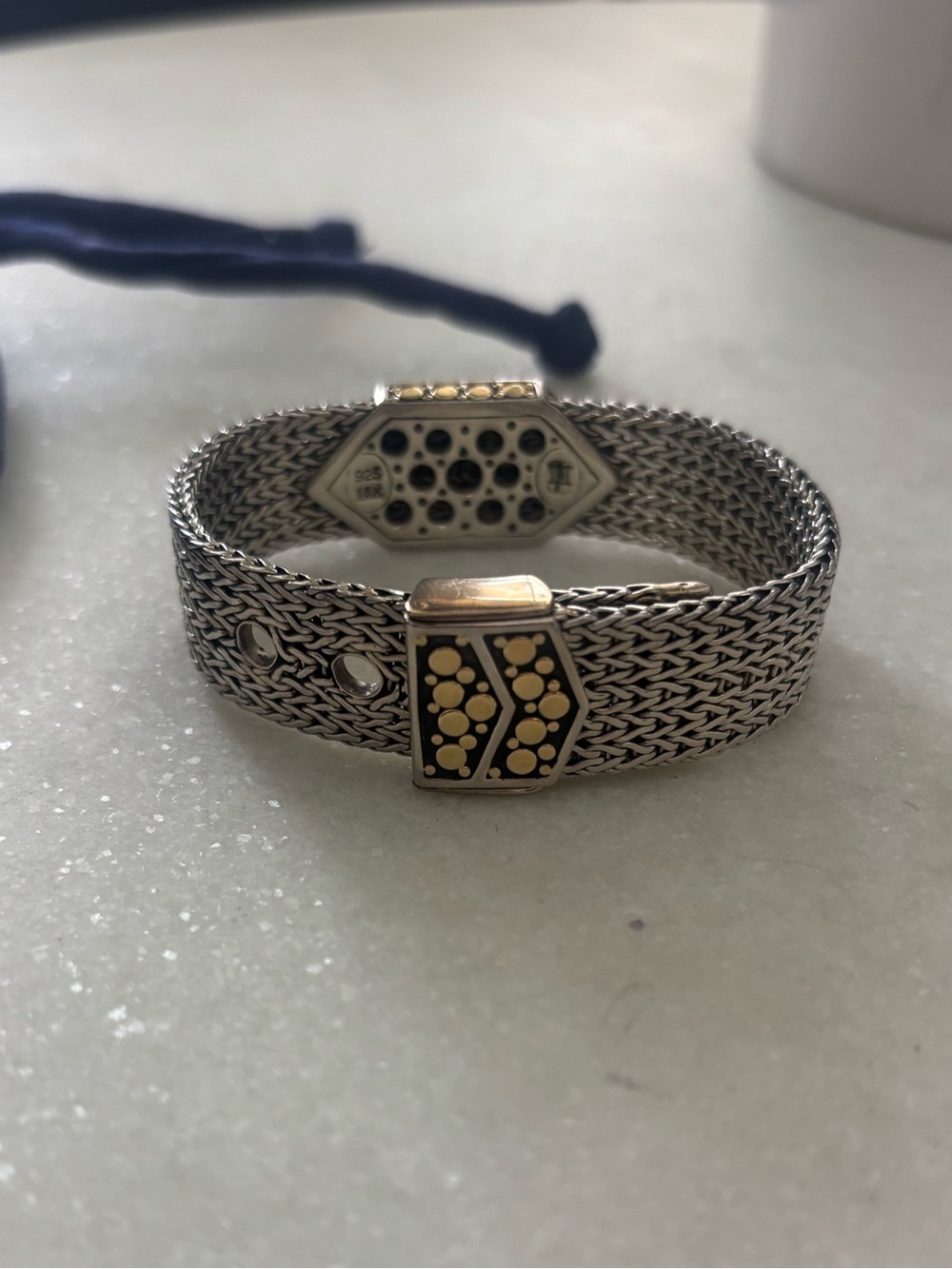 John Hardy 925 Sterling Silver 18K Gold Dot Wide Mesh Woven Bracelet 7.5” 50.63g - Picture 2 of 9